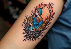 Mokosh – A richly detailed woman in Slavic robes of blue and red, holding wheat and water, framed by earthy brown tree roots and golden rays. tattoo idea
