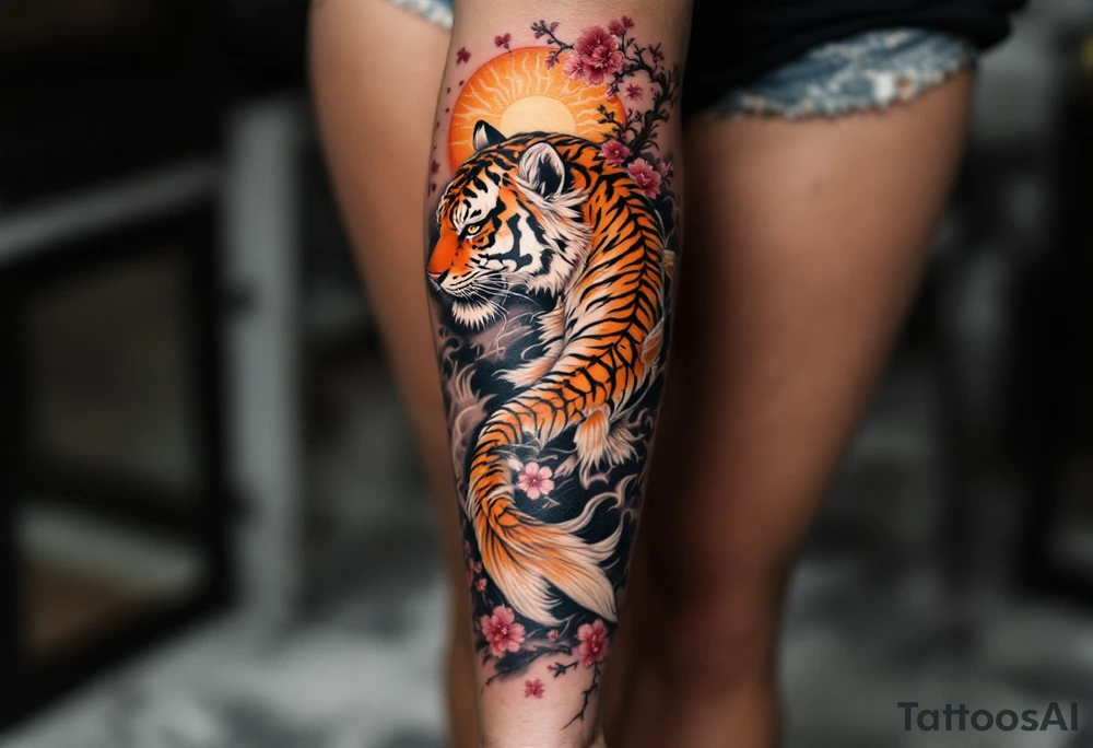 Full arm sleeve, one koi fish, one tiger, the sun, cherry blossom filler, beautiful tattoo idea