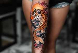 Full arm sleeve, one koi fish, one tiger, the sun, cherry blossom filler, beautiful tattoo idea