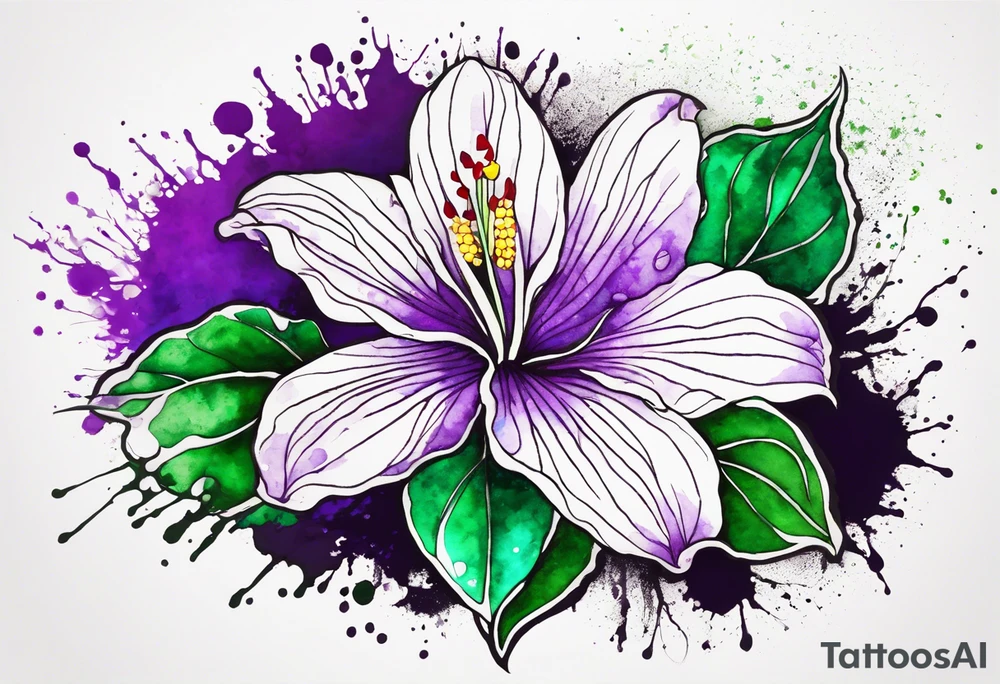 A mystical outline of a rio dipladenia flower and a green/purple watercolor splatter in the background tattoo idea