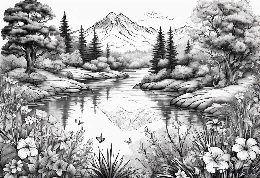 Peaceful nature scene with flowers, trees, animals and water tattoo idea