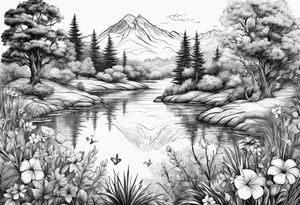 Peaceful nature scene with flowers, trees, animals and water tattoo idea
