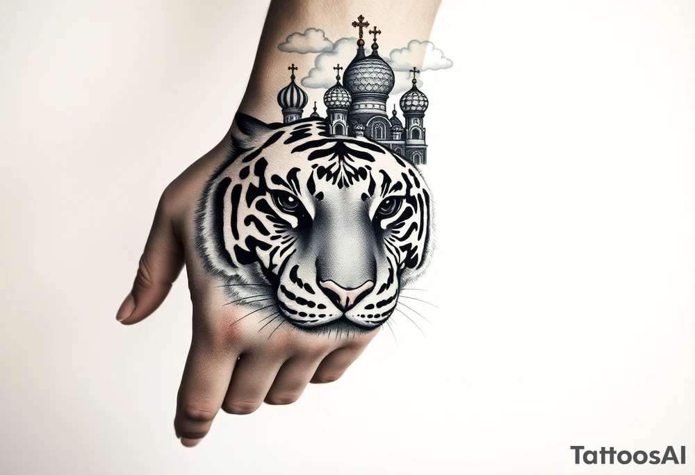 Realistic relic style tiger face on the back of the hand with strong contrast and fine detail with its eyes completely black. with a highly detailed Russian Orthodox cathedral sitting above on fore arm with onion domes and orthodox crosses, done in fine line, engraving-like style. Cohesive composition, black ink only, no color, high contrast, slightly aged, documentary-style, plain light background. with clouds above and a virgin mary 
spanning from my hand to lower fore arm tattoo idea