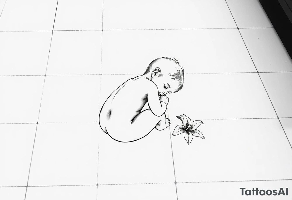 A simple tile floor with a minimalist outline of a curled up child sitting on the floor with a lily next to her tattoo idea