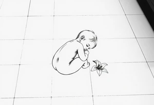 A simple tile floor with a minimalist outline of a curled up child sitting on the floor with a lily next to her tattoo idea