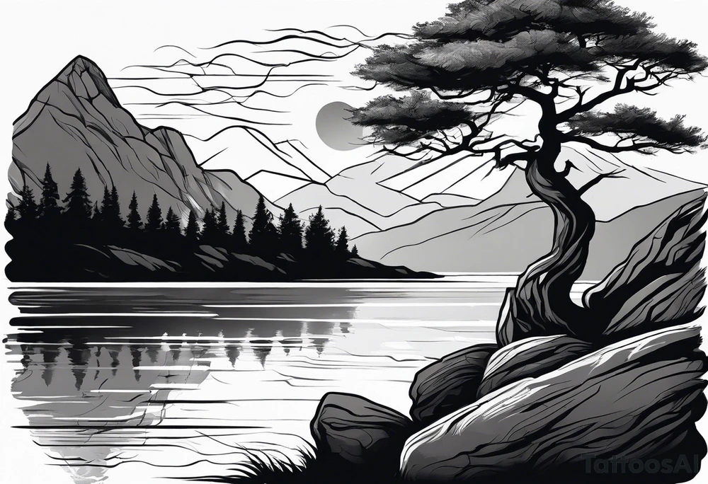 Sleeve tattoo windswept tree before lake with low rock face on another side of lake. Mastiff dog silhouette in foreground. tattoo idea