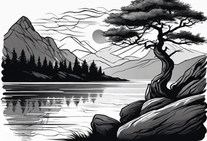 Sleeve tattoo windswept tree before lake with low rock face on another side of lake. Mastiff dog silhouette in foreground. tattoo idea
