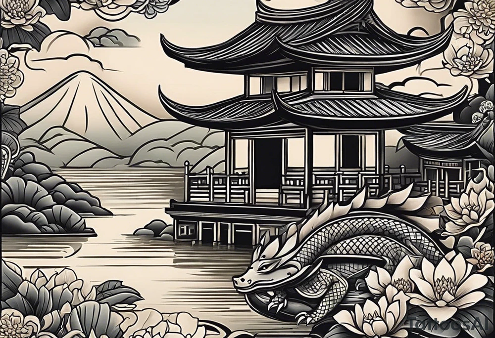 A black Vietnamese tattoo design featuring intricate depictions of sacred animals like the dragon and turtle intertwined with majestic mountains and lush rice fields. Incorporate iconic elements such as the conical straw hat floating above, surrounded by blooming lotus flowers and traditional silk lanterns. The tattoo reflects the essence of Vietnam's breathtaking nature, with swirling mist and flowing water elements woven into the composition, merging traditional artistry with a modern flair. Use a color palette that evokes the lush greens of the countryside and the warm tones of sunset. tattoo idea