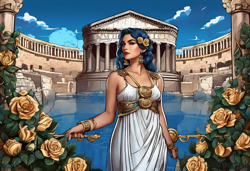 ancient rome clothes ,women,,ancient scale in one hand, blue rose frames, justicia ,keeps  scale tattoo idea
