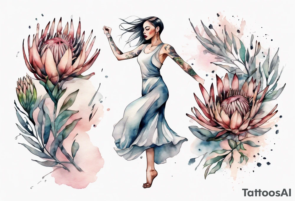 Very feminine tattoo with a woman dancing in a wind of protea flowers tattoo idea