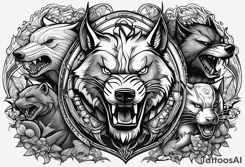 a super hero team which is combination of animals.
One is Badger/Wolverine One is Bull One is Wolf One is Axolotl One is Canary One is Lizard One is Cat tattoo idea
