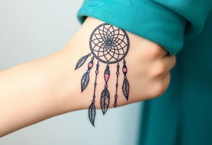 native dreamcatcher with flowing feathers and sacred beads tattoo idea