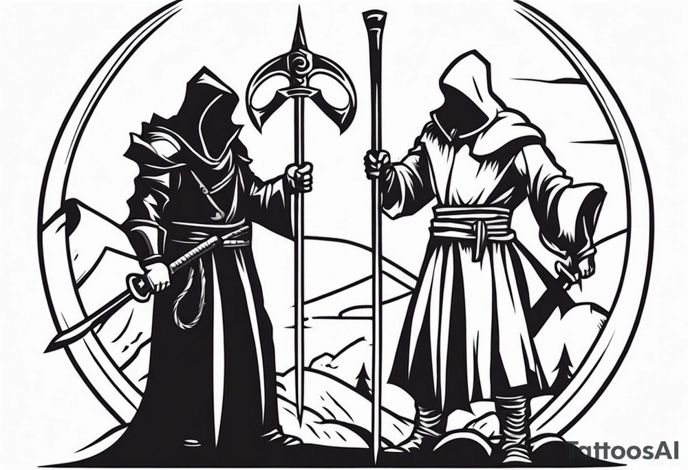 The executioner and death with a scythe shake hands cartoon style tattoo idea