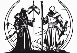 The executioner and death with a scythe shake hands cartoon style tattoo idea