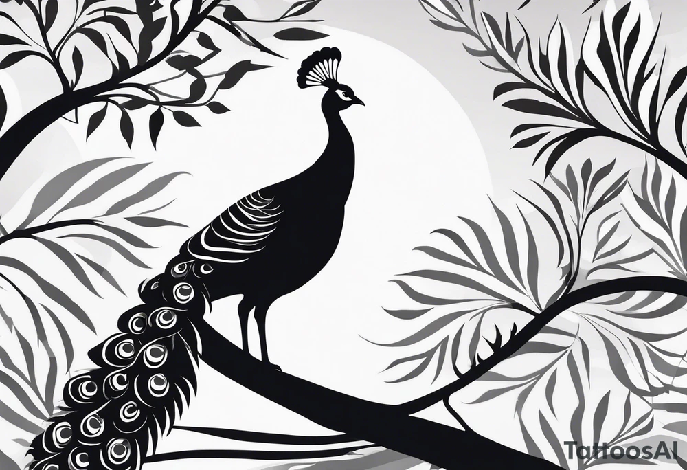 Black and white silhouette illustration of a peafowl standing proudly with its tail fanned out. The silhouette of the bird’s feathers is detailed, showcasing its majestic tail in full display. The background features simplified, flowing shapes representing lush foliage and a serene sky, emphasizing the elegance of the bird's posture. The overall design highlights the bird’s grace and the peaceful atmosphere of the setting, using bold contrasts and clean lines to capture the essence of its iridescent beauty in silhouette form. tattoo idea
