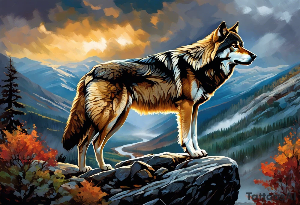 solitary wolf navigating through a rugged, detailed terrain, with each element meticulously shaded to capture the essence of life's struggles. The wolf's intense gaze conveys determination and resilience, while the landscape around it mirrors the challenges faced – rocky cliffs, turbulent rivers, and stormy skies. Subtle touches of color add depth and dimension, enhancing the realism of the design. Alongside the wolf, the phrase "Strength in Adversity" is delicately scripted, tying together the theme of overcoming life's battles with authenticity and grace. tattoo idea
