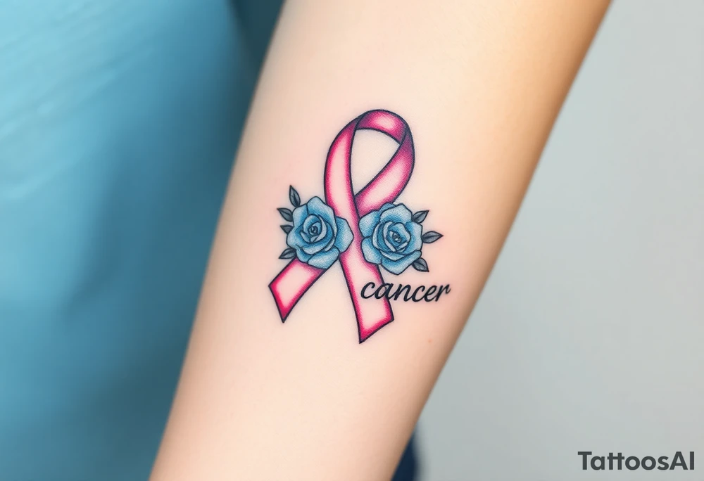 Pretty pink Cancer ribbon that says "fuck cancer"with 3 light blue
roses tattoo idea