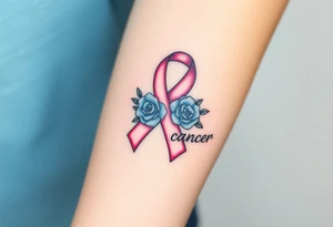 Pretty pink Cancer ribbon that says "fuck cancer"with 3 light blue
roses tattoo idea