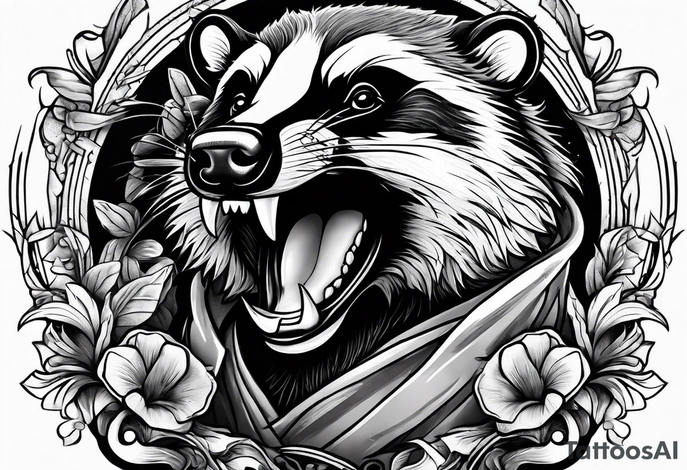 Angry badger with mouth and chips in hands tattoo idea