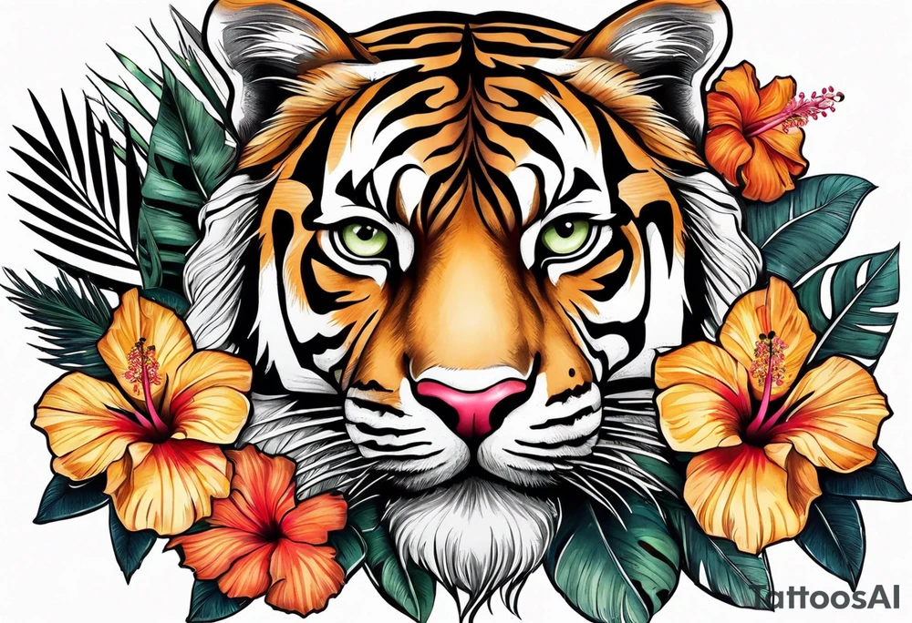 Hibiscus is very tropical with palm trees, tiger, surrounded with flowers tattoo idea