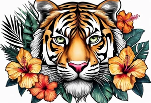 Hibiscus is very tropical with palm trees, tiger, surrounded with flowers tattoo idea