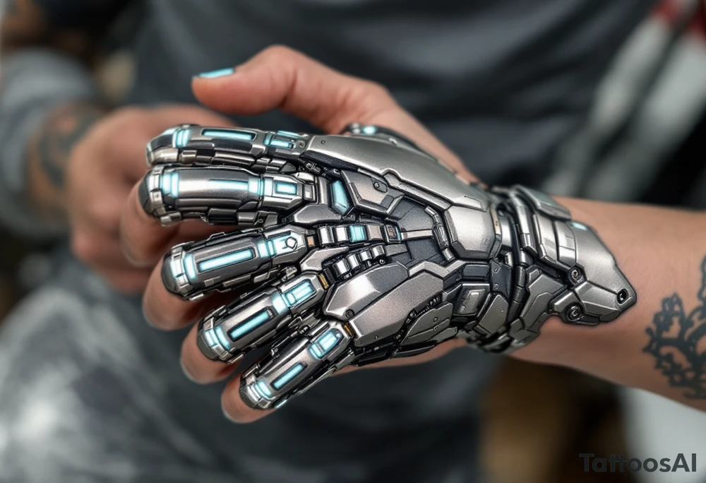 A tattooed mechanical glove with brushed silver plating and soft teal light strips running along the knuckles. tattoo idea