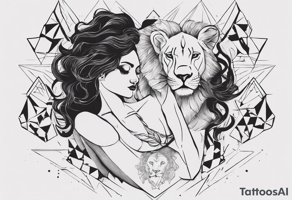 ![Image](file-service://file-28yDVXZtoOR5ZckIvEQ7gtFA)Delicate Black and white tattoo with a woman (entire body) dancing. showing that a lion (only head) is shadowing her. Use triangles and dot work. tattoo idea