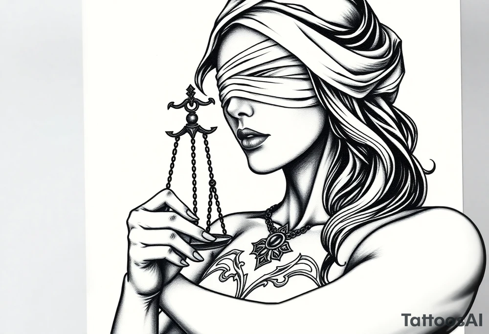 Fortuna's card as a beautiful woman with eyes covered with material, holds a scale in her hands. This character have to be in a card/frame. Do this woman without named tattoo idea