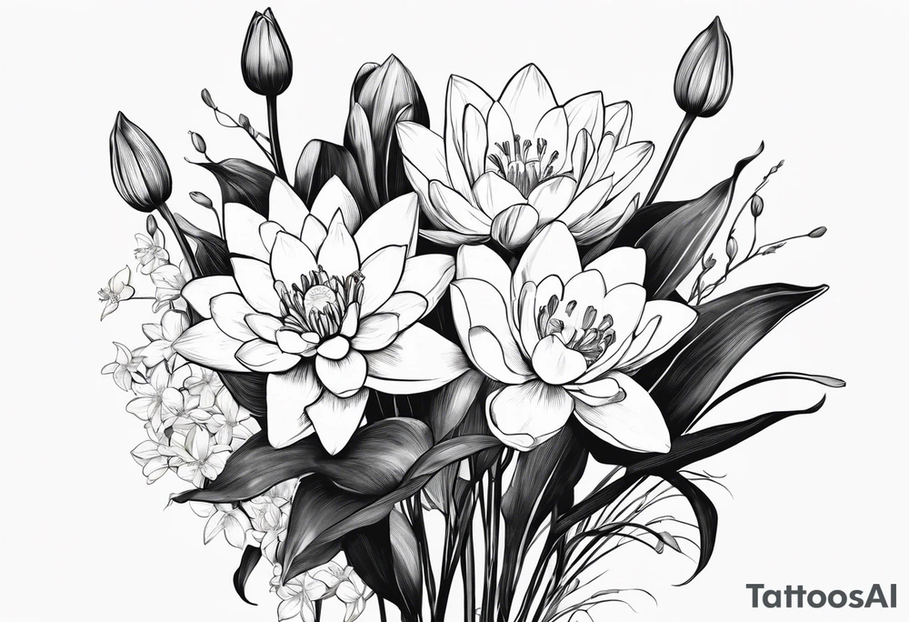 Water Lilly, Lilly of the valley and narcissus bouquet, minimalist. with stems tattoo idea
