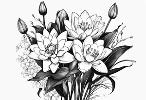 Water Lilly, Lilly of the valley and narcissus bouquet, minimalist. with stems tattoo idea