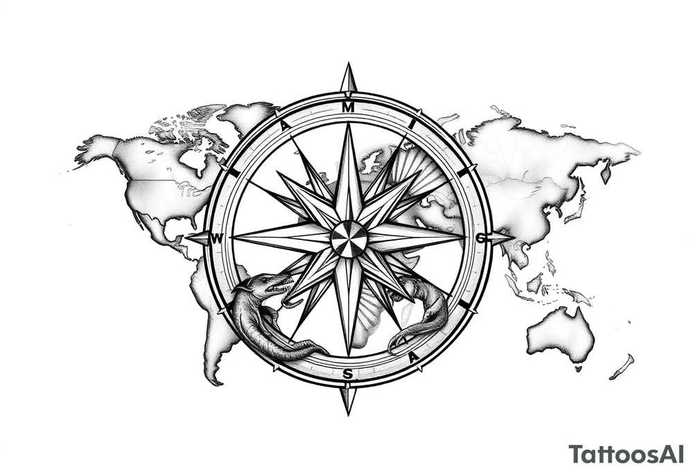 antique compass rose overlaid on weathered fictional world map with mythical sea creatures tattoo idea