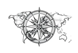 antique compass rose overlaid on weathered fictional world map with mythical sea creatures tattoo idea