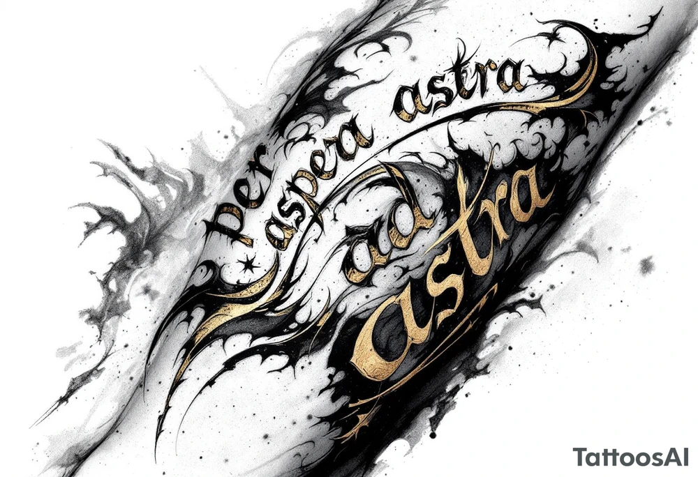 A black and gold script tattoo of “Per aspera ad astra” arcs across the forearm, symbolizing the beauty born from struggle. tattoo idea