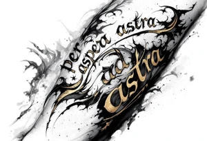A black and gold script tattoo of “Per aspera ad astra” arcs across the forearm, symbolizing the beauty born from struggle. tattoo idea