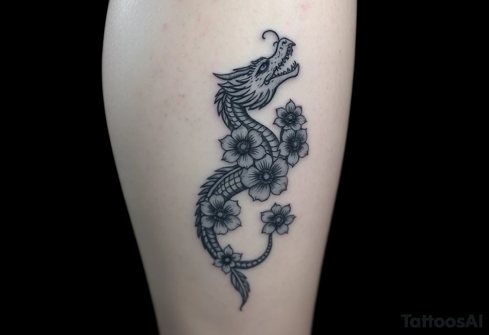 Leg area back of calf dragon going up 4 flowers tattoo idea