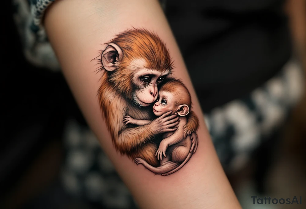 A monkey cradling her baby in her lap in warm earth tones reflects playfulness and a strong emotional bond. tattoo idea