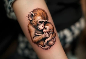 A monkey cradling her baby in her lap in warm earth tones reflects playfulness and a strong emotional bond. tattoo idea