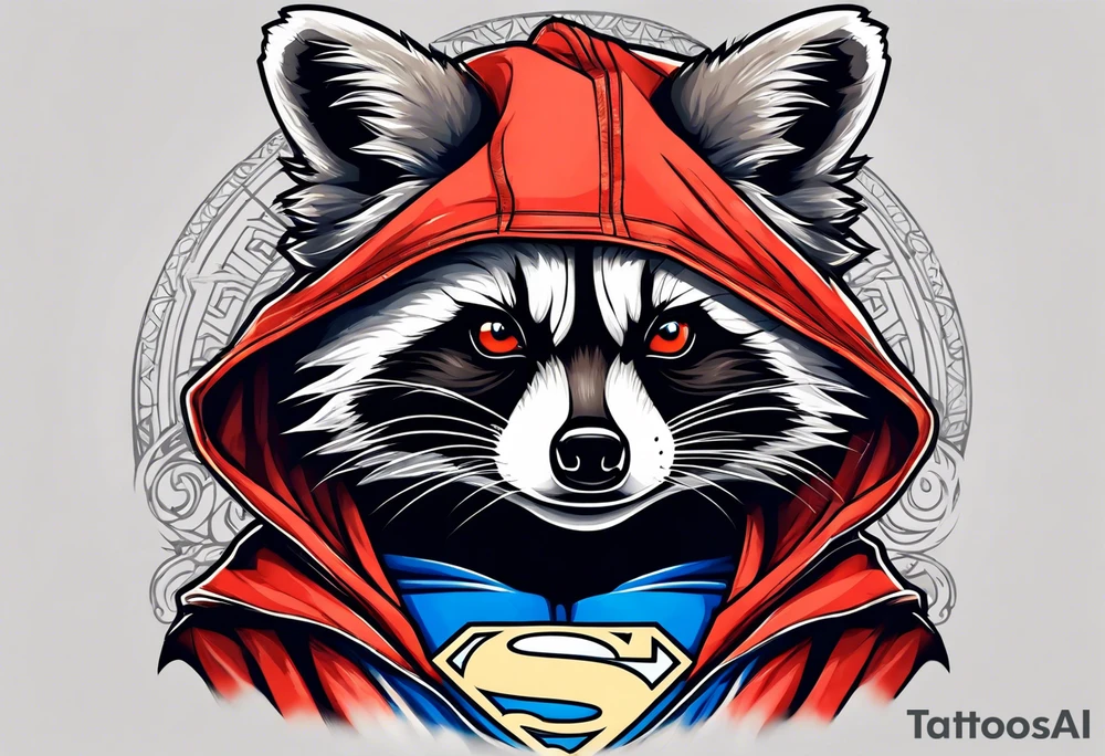 raccoon wearing a Superman hoodie tattoo idea