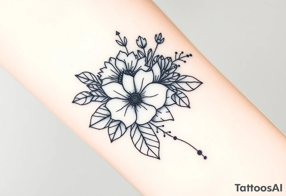 floral composition with japanese vibe, mutiple ornemental patern and leaf, dot geometric ornement tattoo idea