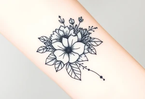 floral composition with japanese vibe, mutiple ornemental patern and leaf, dot geometric ornement tattoo idea