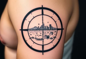 scope crosshairs with eerie Los Angeles city horizon in background tattoo idea