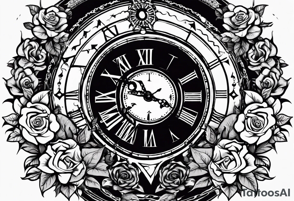 I want a design for printing on t-shirts, the design is an hourglass with a hand clock in the middle with Amazigh numbers, and these two main elements are mixed with thorny roses and planets tattoo idea