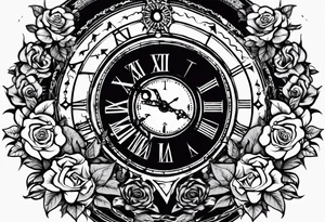 I want a design for printing on t-shirts, the design is an hourglass with a hand clock in the middle with Amazigh numbers, and these two main elements are mixed with thorny roses and planets tattoo idea