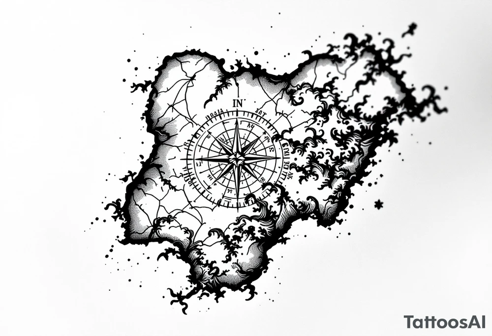 Compass on the back of the palm in the shape of Nigeria with longitude written on the top and latitude written on the bottom. Draw lines from a treasure map connecting from the arm to the tattoo and water waves around the tattoo tattoo idea