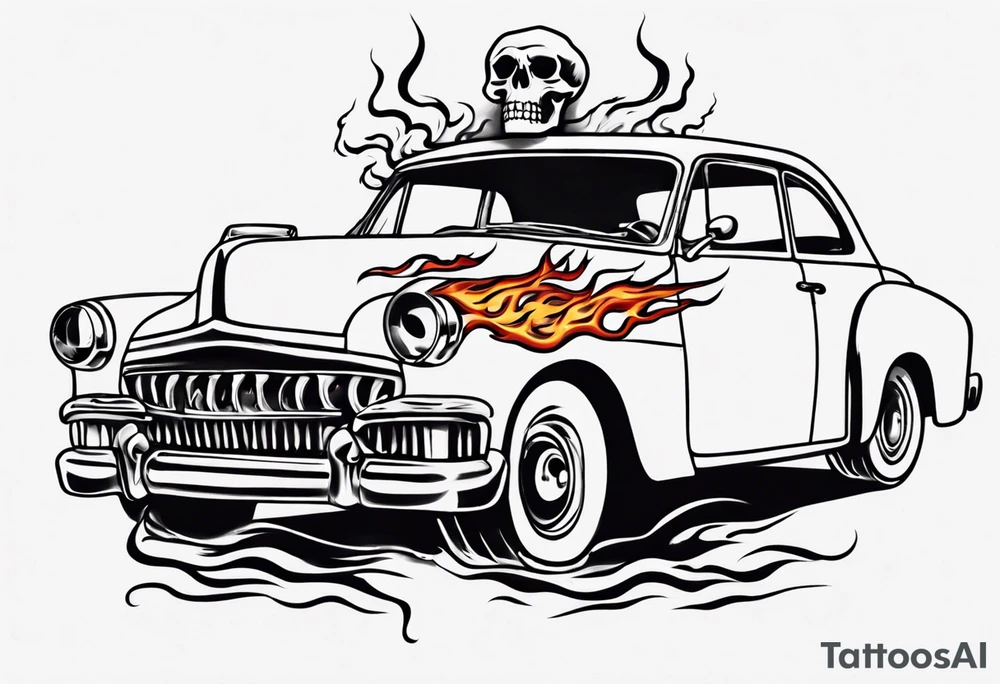 An old vintage classic car with flames coming out of the hood and a skeleton head at the top of the flames tattoo idea