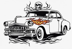 An old vintage classic car with flames coming out of the hood and a skeleton head at the top of the flames tattoo idea
