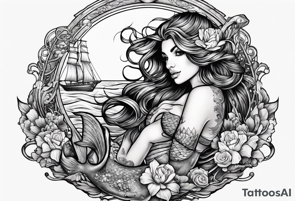 Tattooed mermaid beside shipwreck tattoo idea