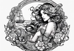 Tattooed mermaid beside shipwreck tattoo idea