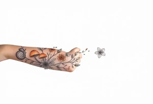 Fall themed sleeve with mushrooms, a snail, some falling leaves off tree branches, falling rain, and fall themed flowers as background filler tattoo idea