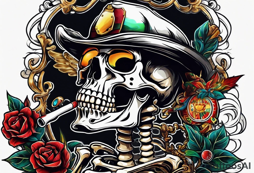 skeleton smoking cigar with poker chips tattoo idea